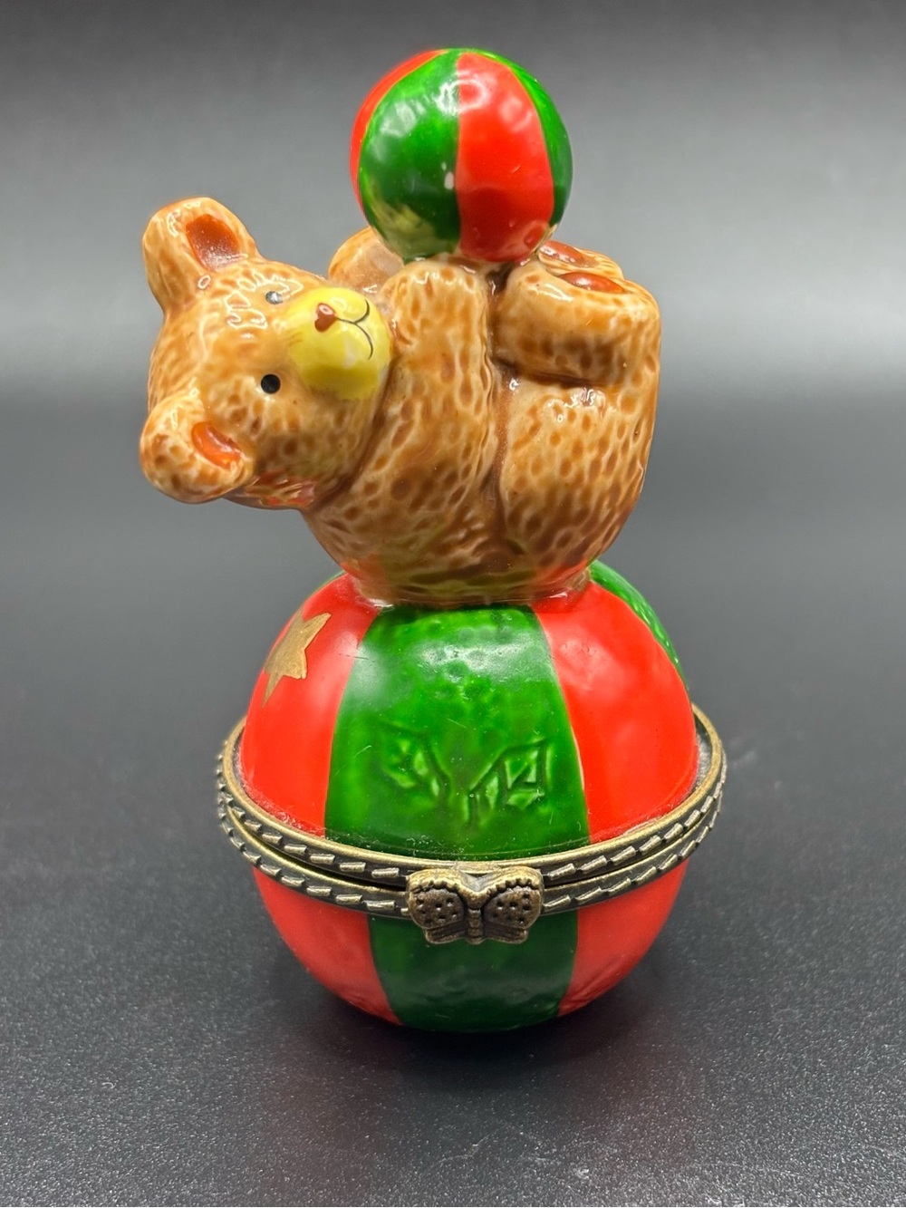Vintage Circus Teddy Bear Porcelain Hinged Trinket Box With Mini Surprise Ball